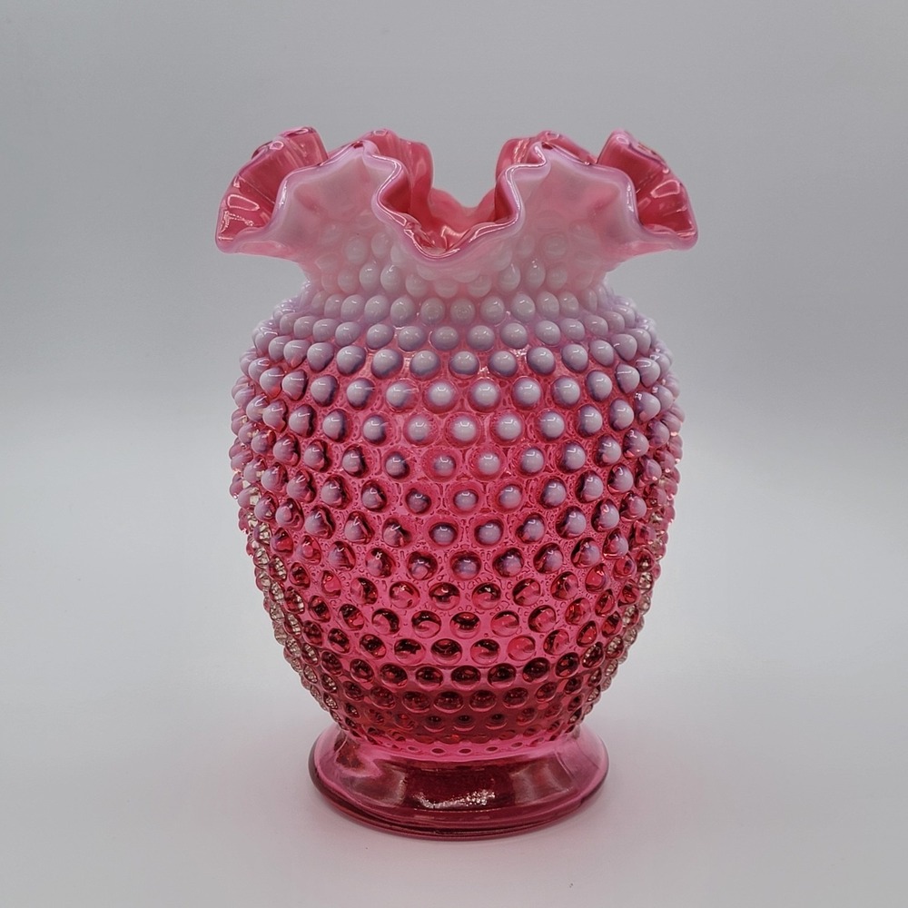Vintage Fenton Cranberry‎ Opalescent Hobnail 8" Double Crimped Vase